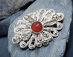Antique Silver CARNELIAN FILIGREE Flower Brooch - Continental Silver Pin - 7.5g
