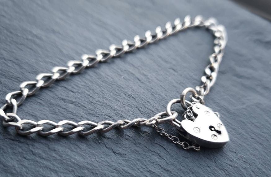 Vintage SILVER LINK BRACELET with Padlock Lock Clasp c 1977 - 18cm - 6.6g