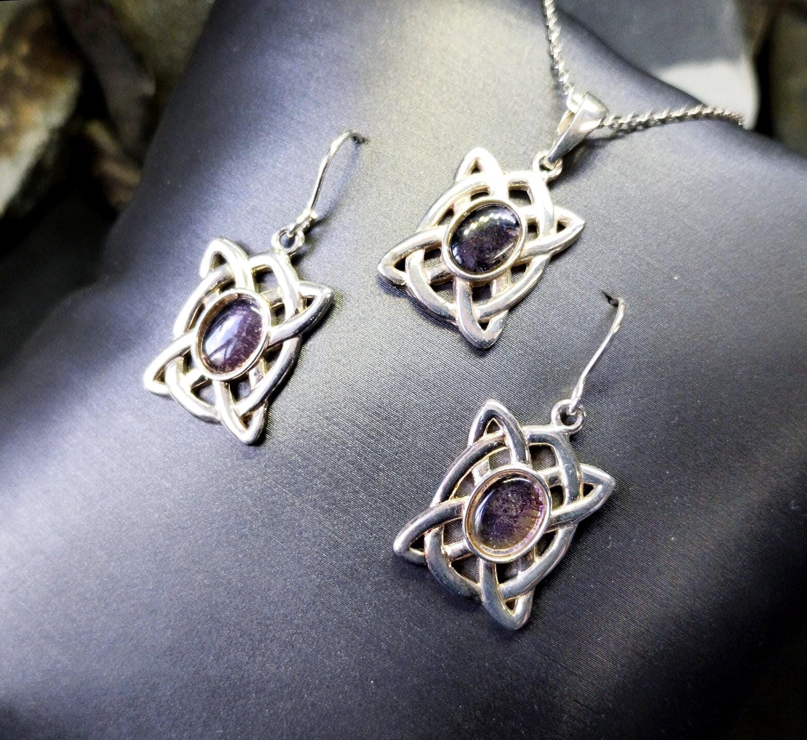 Sterling SILVER Amethyst Necklace and Matching Earrings Gift Set - Celtic Knot - 8.6g