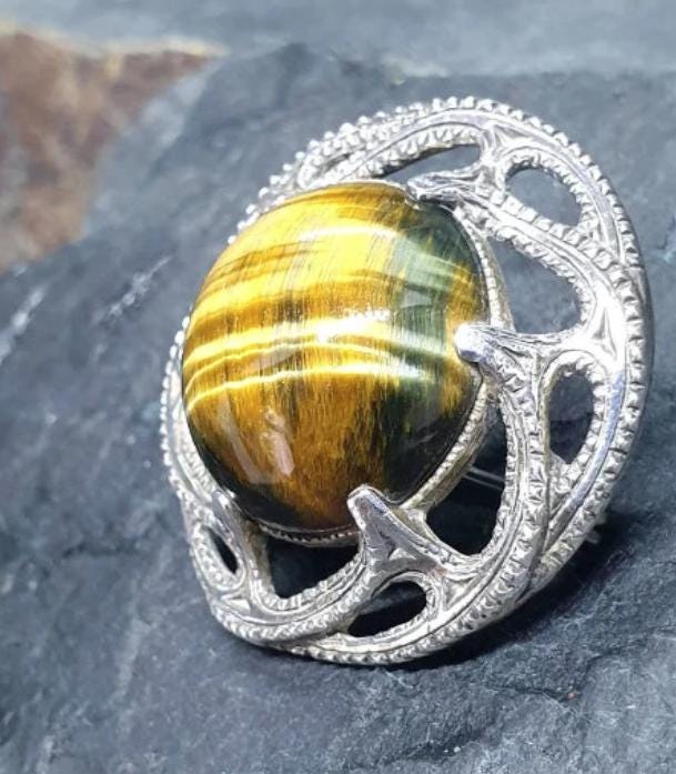 Sterling Silver MIRACLE TIGERS EYE Brooch -  Hallmarked Edinburgh - 12.9g