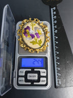 Victorian Large LOCKET BROOCH Pendant with Embroidered Forget me not Flowers - 24.4g