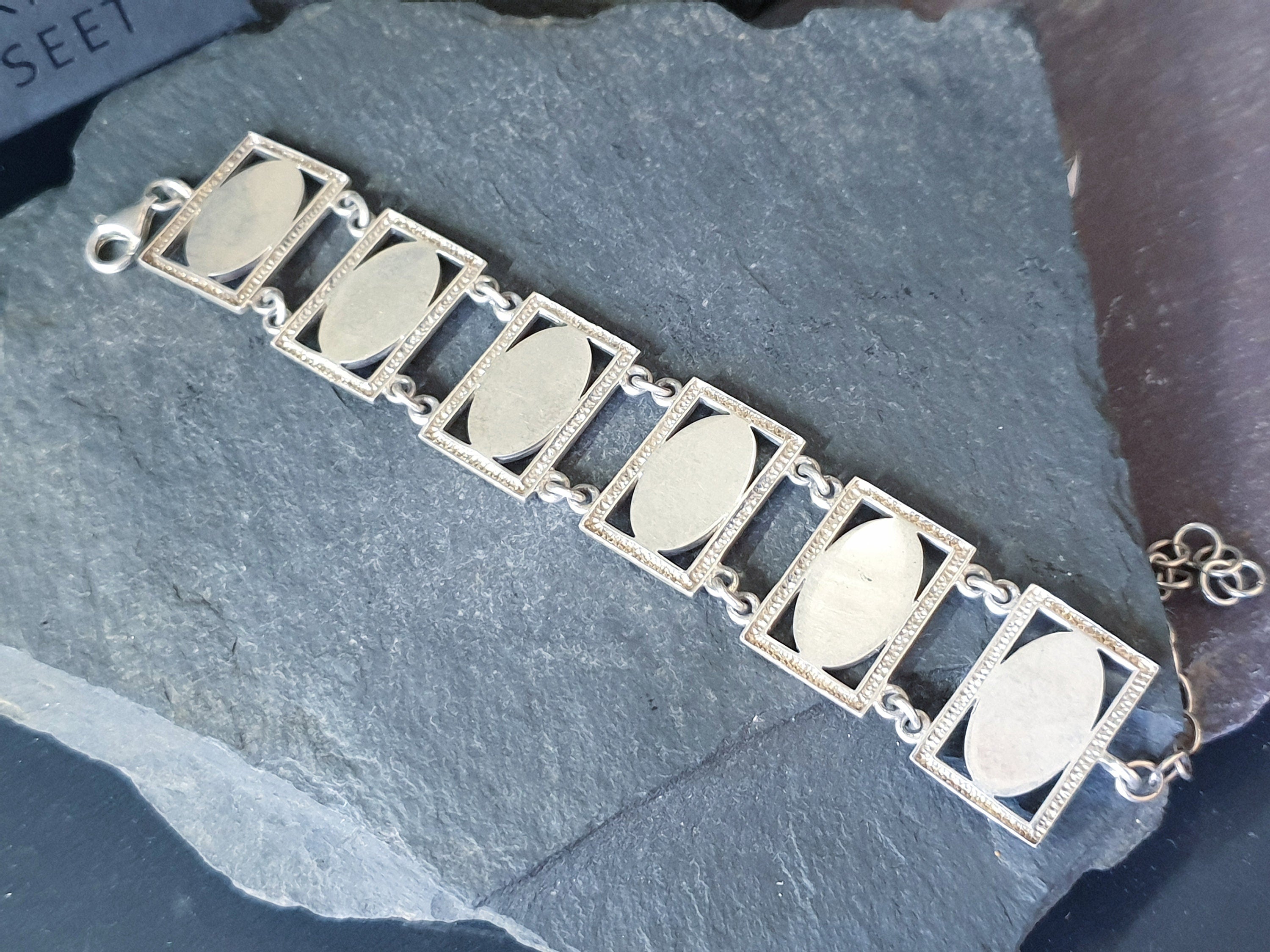 Vintage Silver Bracelet with Blue Mother of Pearl Panel Links -23.4g