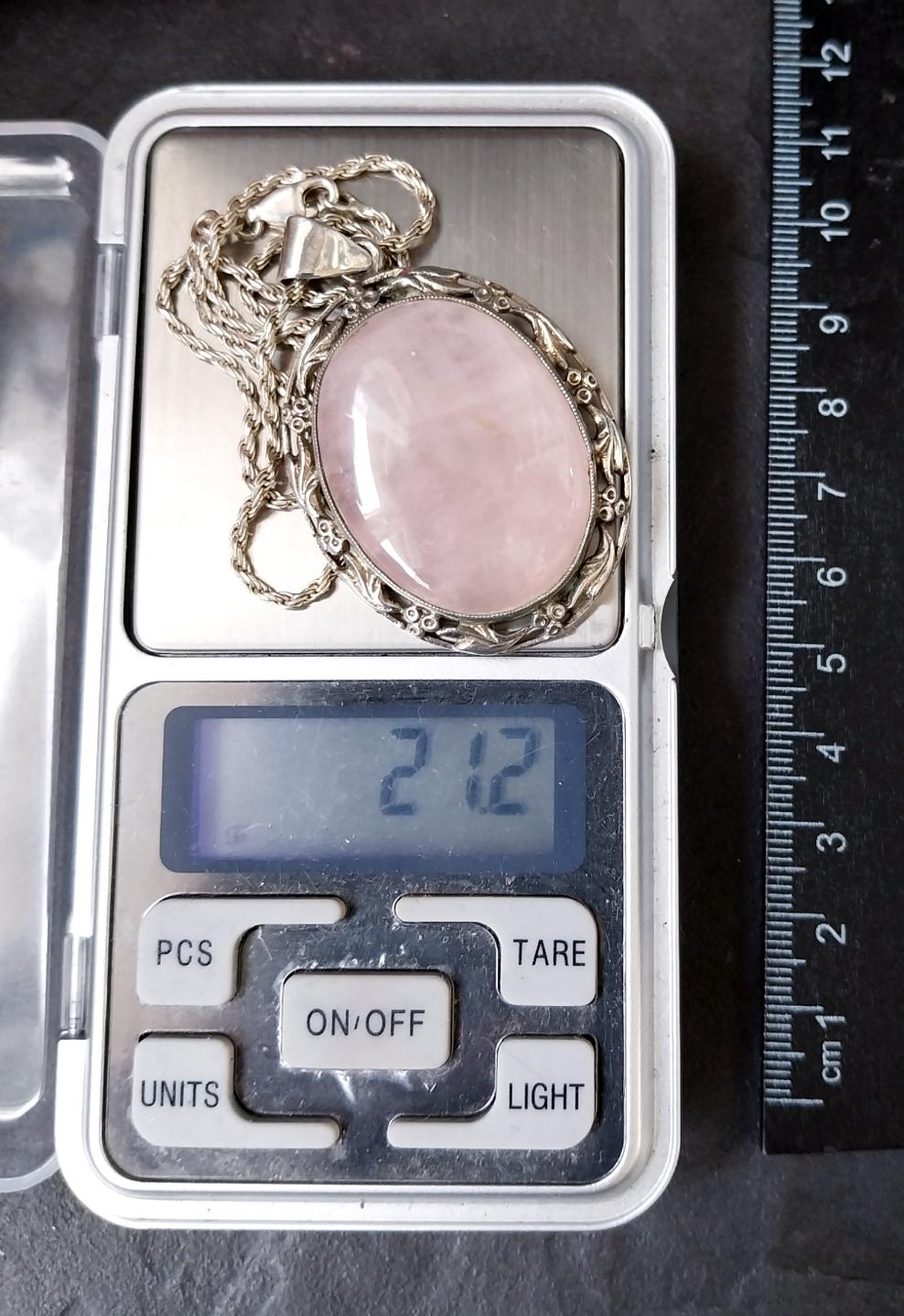 Vtg Large Sterling Silver ROSE QUARTZ  Pendant Necklace on 16" Chain - 21.2g