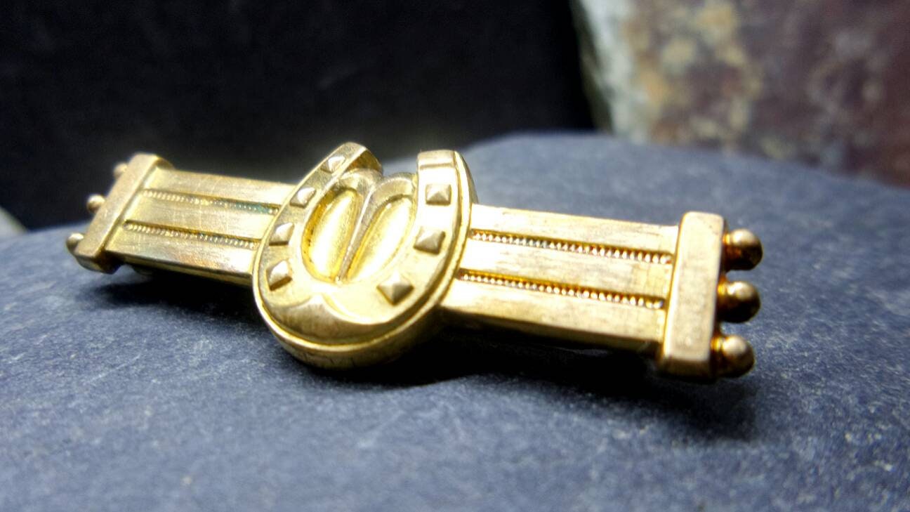 Antique GOLD Front HORSESHOE BROOCH - Good luck, mourning, Victorian Curios