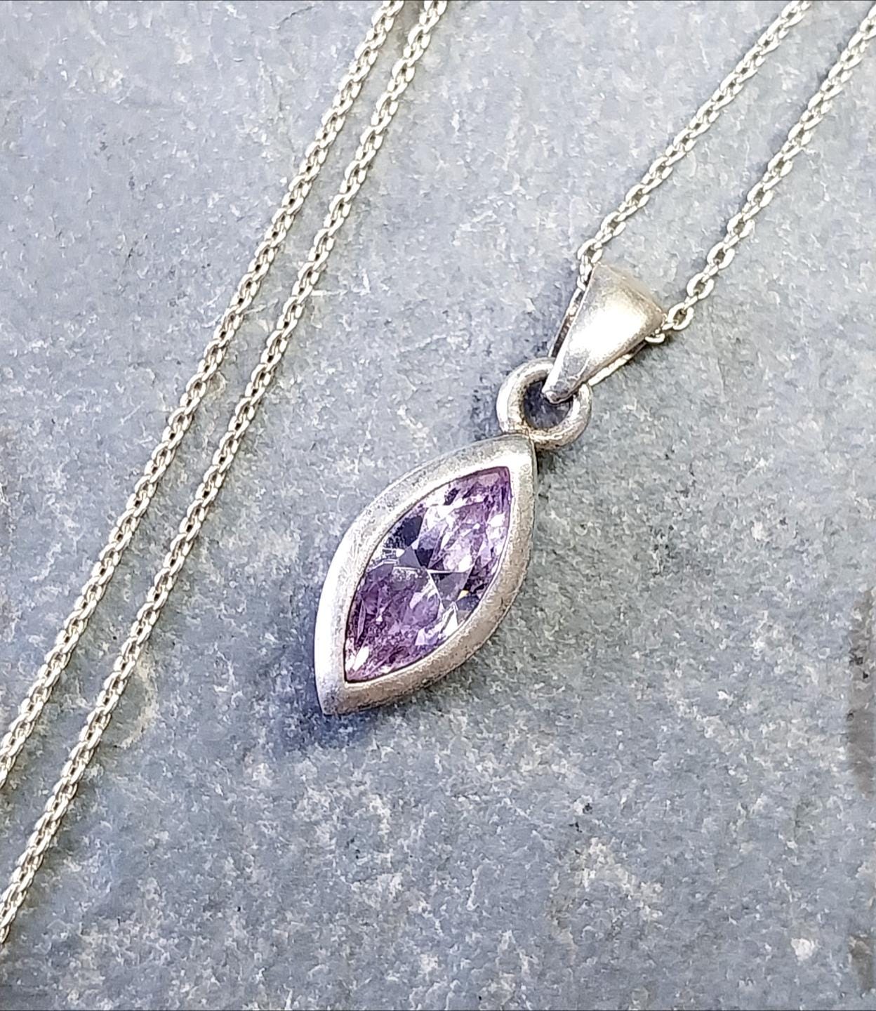 Sterling Silver Amethyst Drop Pendant Necklace  on 18" Chain - 3.5g