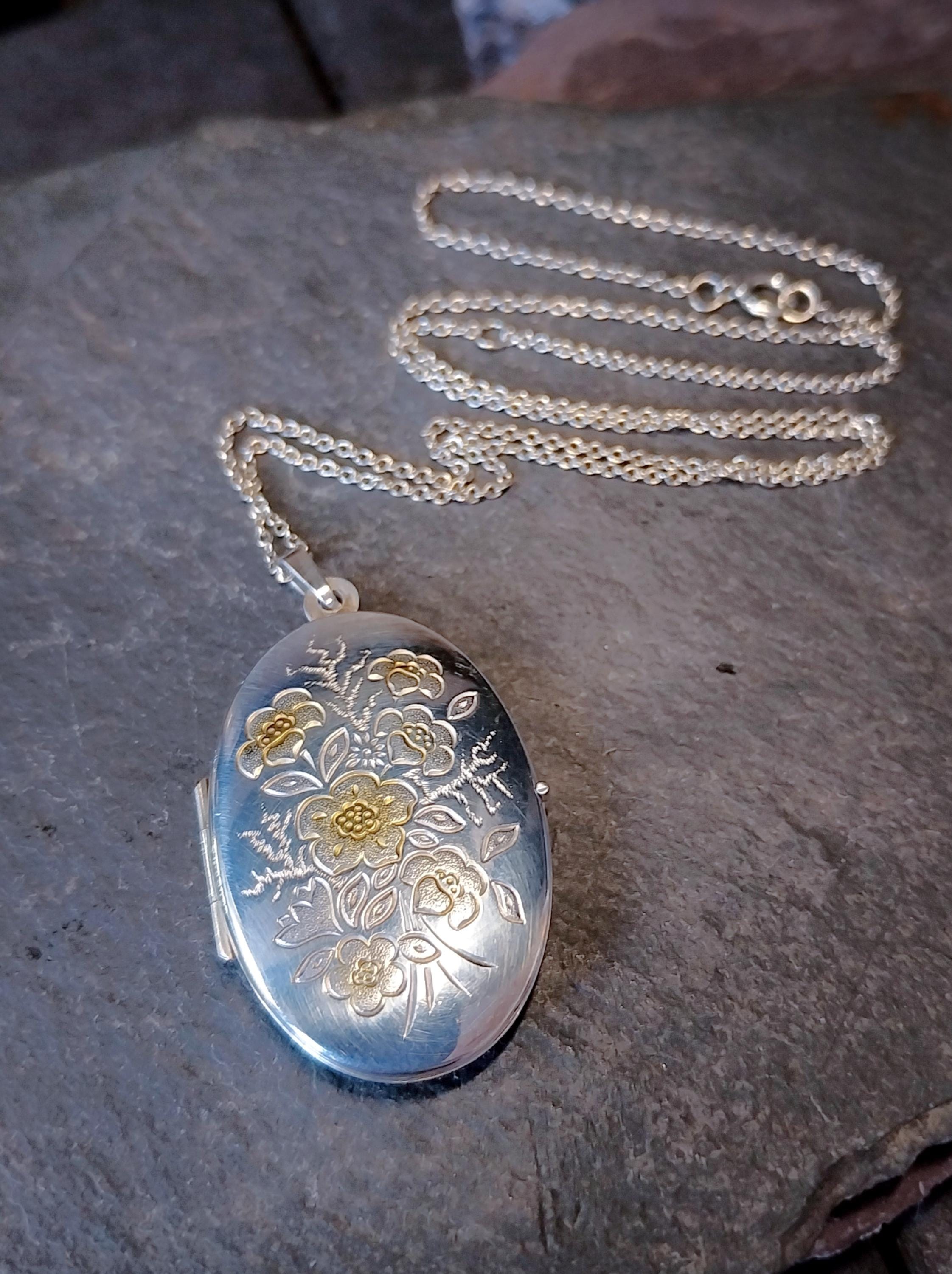 Vintage LOCKET - Sterling Silver Oval with Gold Flowers on 18" Chain - 7.1g