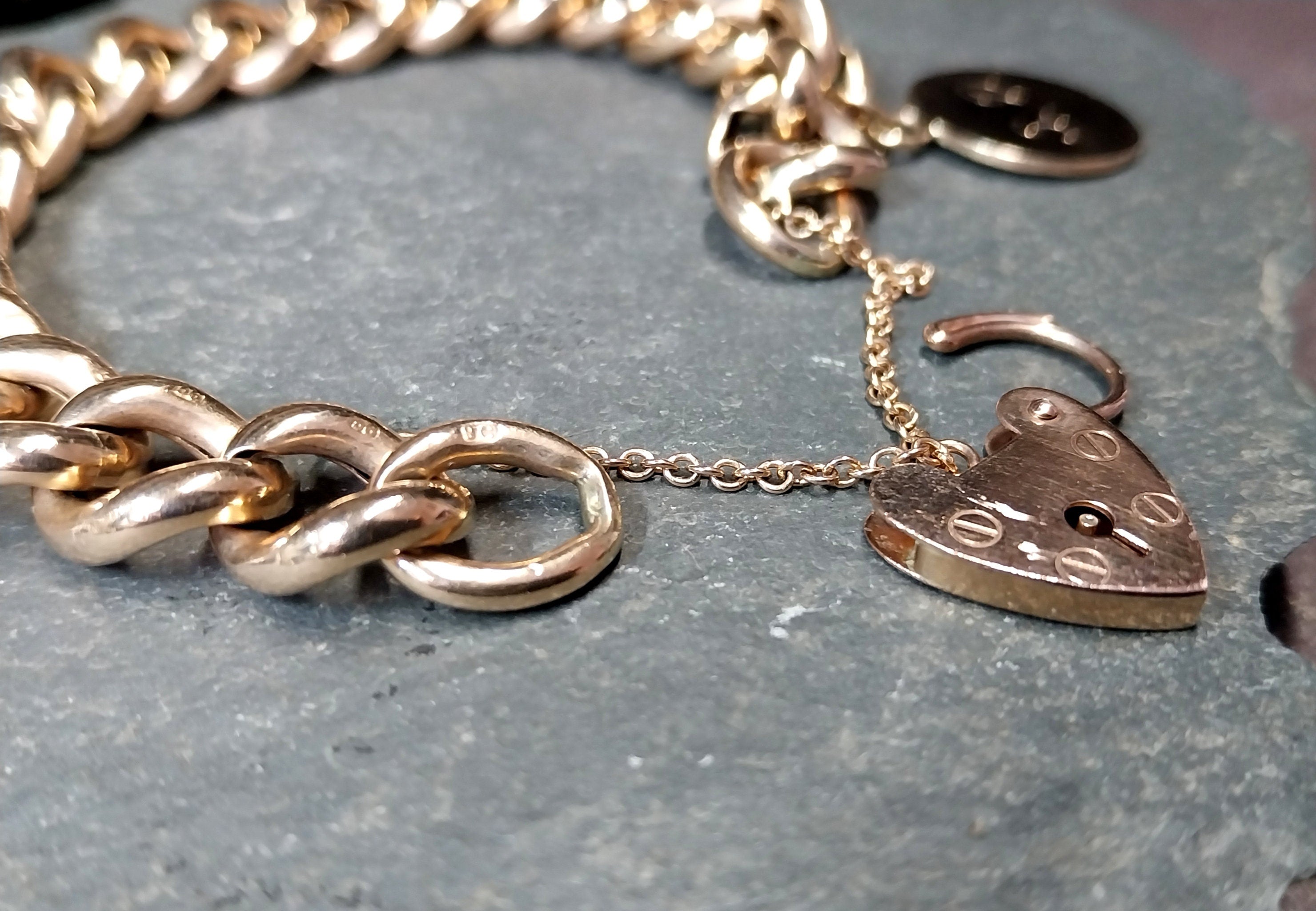 Antique Vintage Solid 9ct Rose GOLD LINK Bracelet & Heart Padlock Clasp - 20.1g