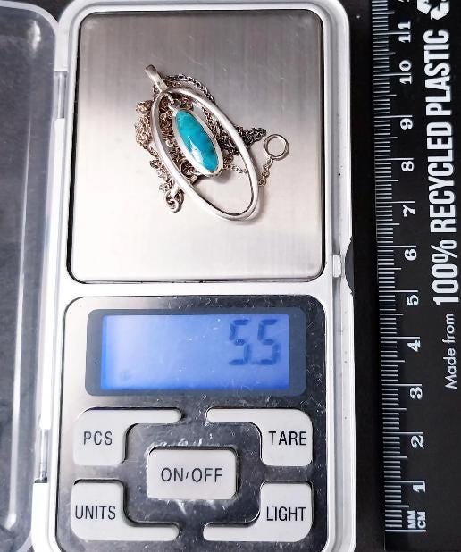 Vintage Turquoise Pendant Necklace - on 17" silver chain - 5.5g