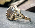 Vintage 9ct GOLD Smoky Quartz Ring with Leaf Detail - Size uk O (us 7.5) - 1.8g