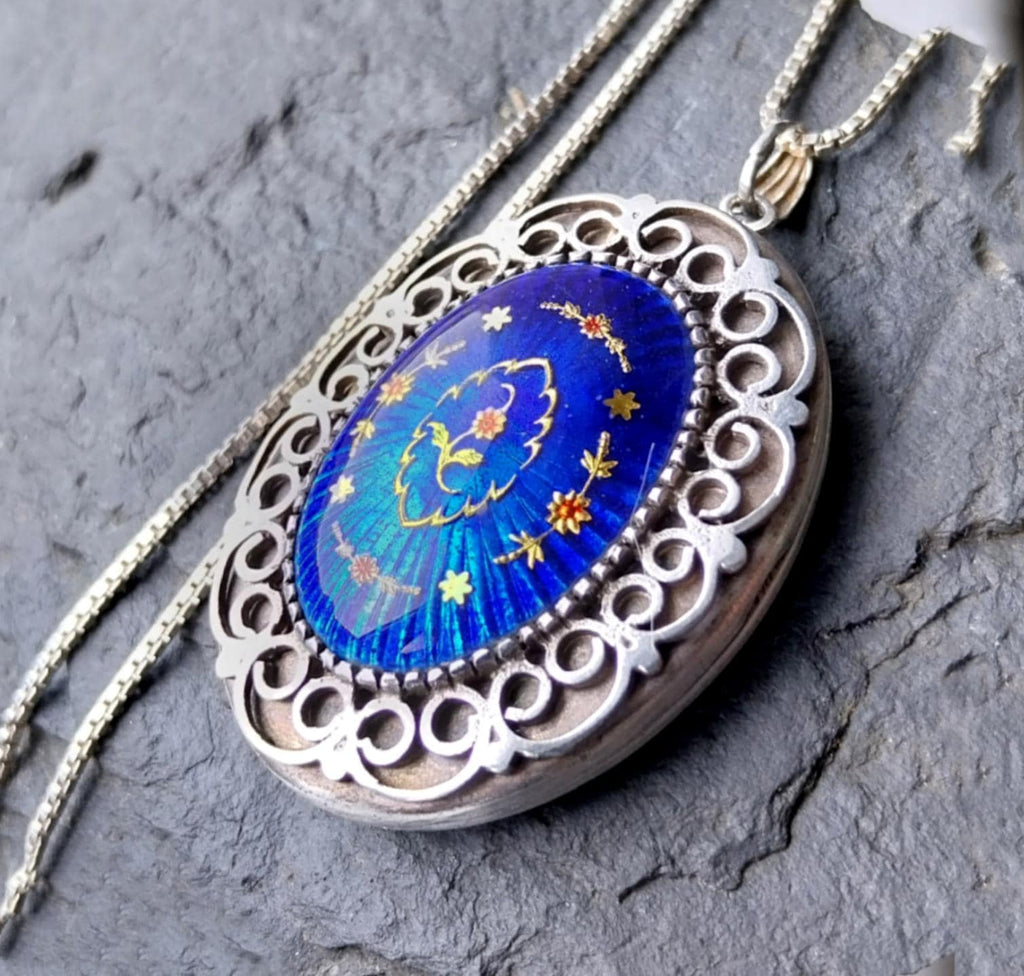 Sterling Silver Guilloche LOCKET , Blue Enamel on 22" chain - 24.8g