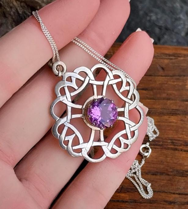 Vintage ORTAK Amethyst Pendant Necklace - Malcolm Grey on 20" silver chain - 8.2g