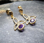 9ct GOLD CELTIC Amethyst Drop EARRINGS - 1.1g