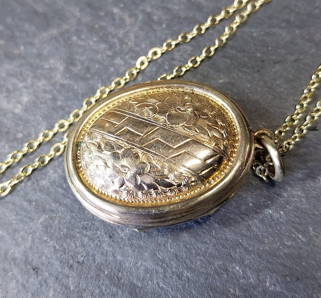 Antique Rolled Gold LOCKET NECKLACE - Black Enamel Buckle on 18" Chain - 10.3g