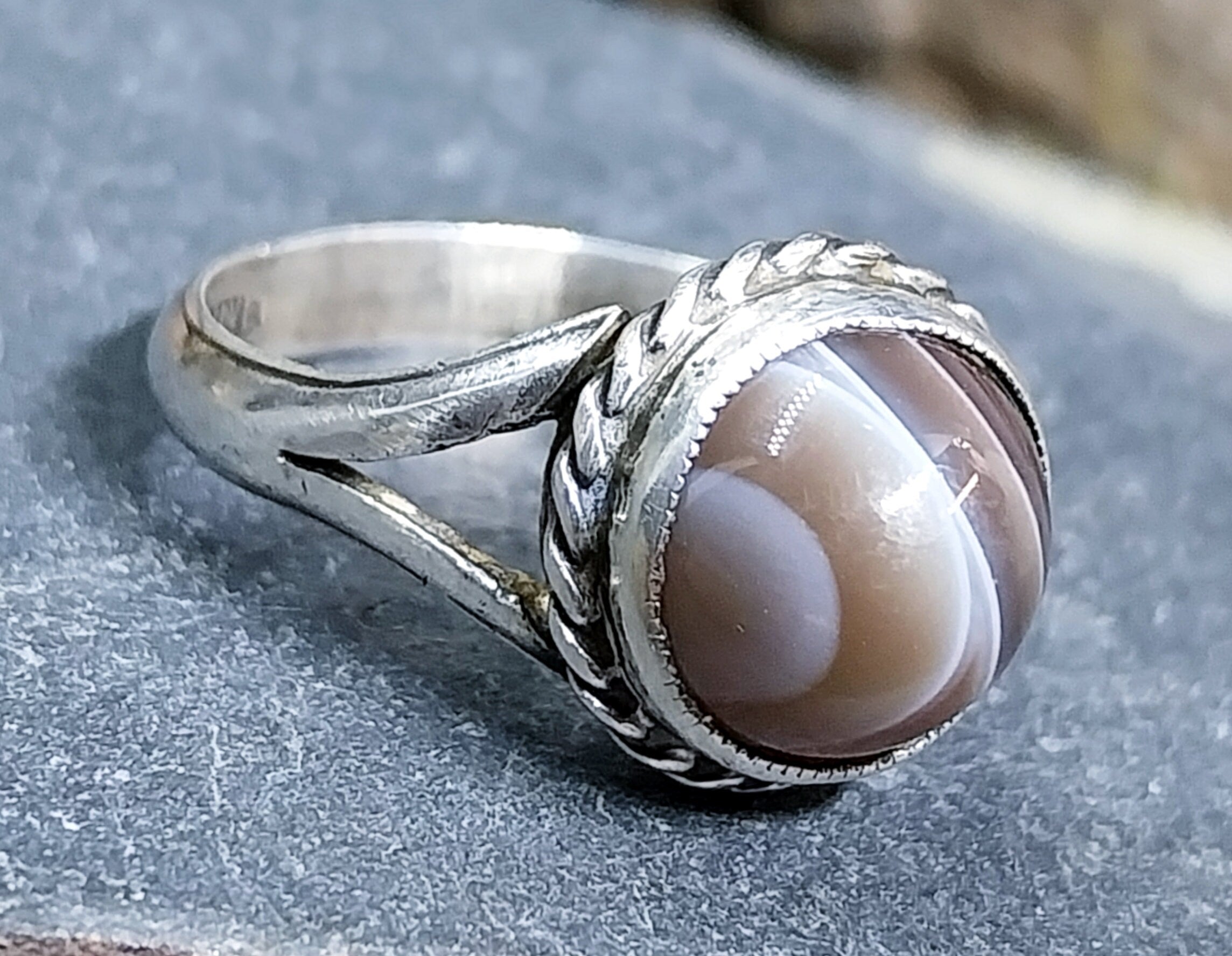 Vintage Sterling SILVER BANDED AGATE Ring - Size uk N (us 6.5) - 3.5g