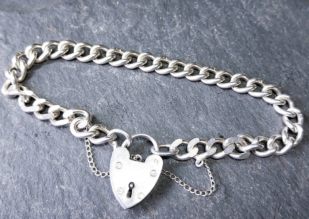 GEORG JENSEN Silver Link Bracelet with Heart Clasp Padlock - 17.9g