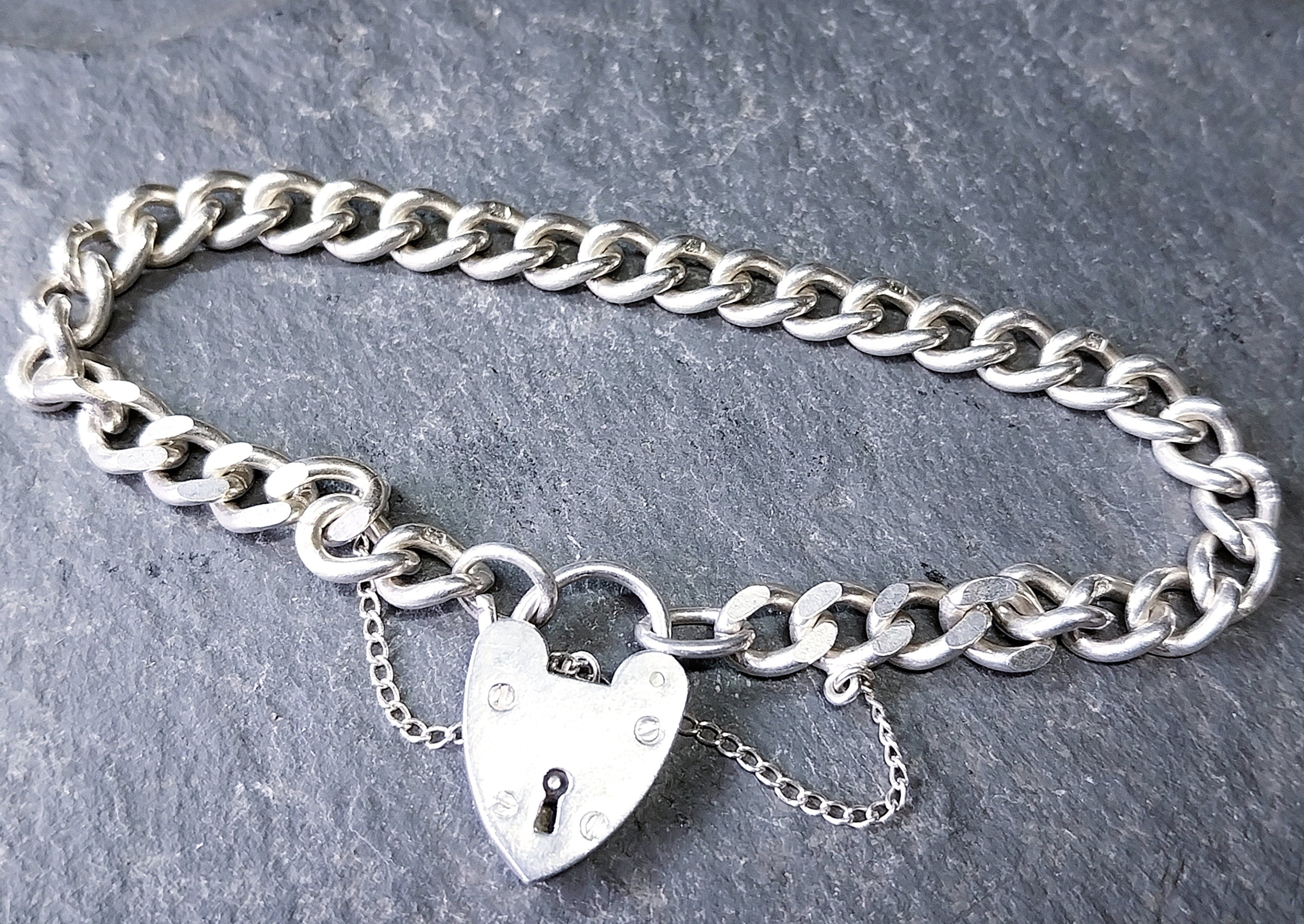 GEORG JENSEN Silver Link Bracelet with Heart Clasp Padlock - 17.9g