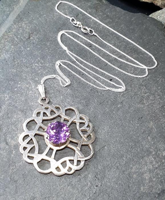 Vintage ORTAK Amethyst Pendant Necklace - Malcolm Grey on 20" silver chain - 8.2g