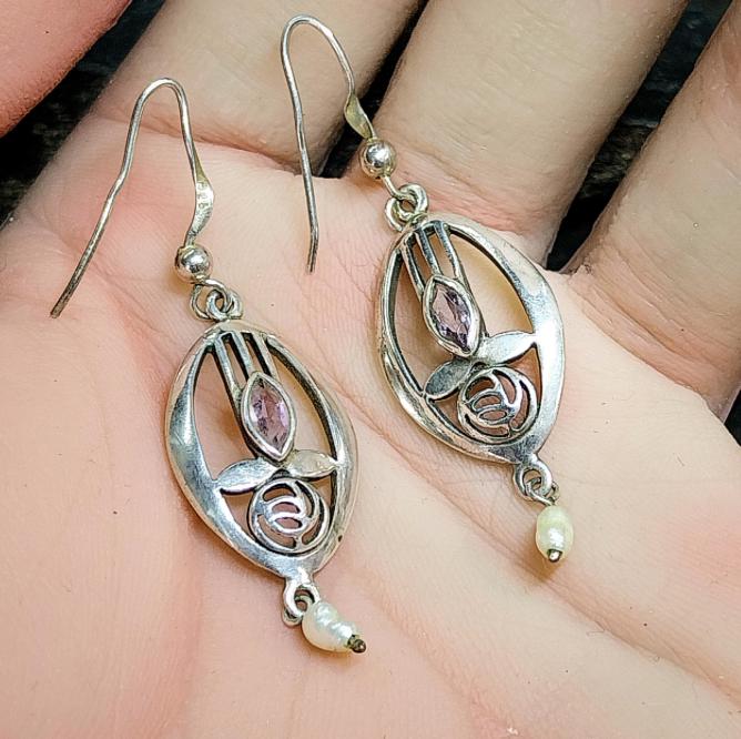 Sterling Silver CELTIC ROSE Dangle Earrings - with Purple amethyst Stone - 4.2g