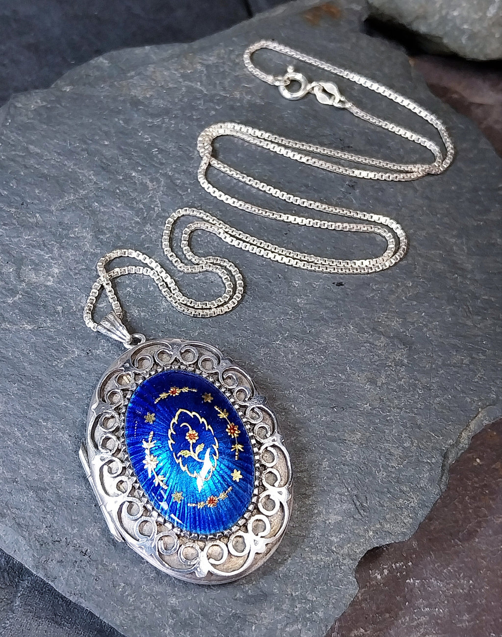 Sterling Silver Guilloche LOCKET , Blue Enamel on 22" chain - 24.8g