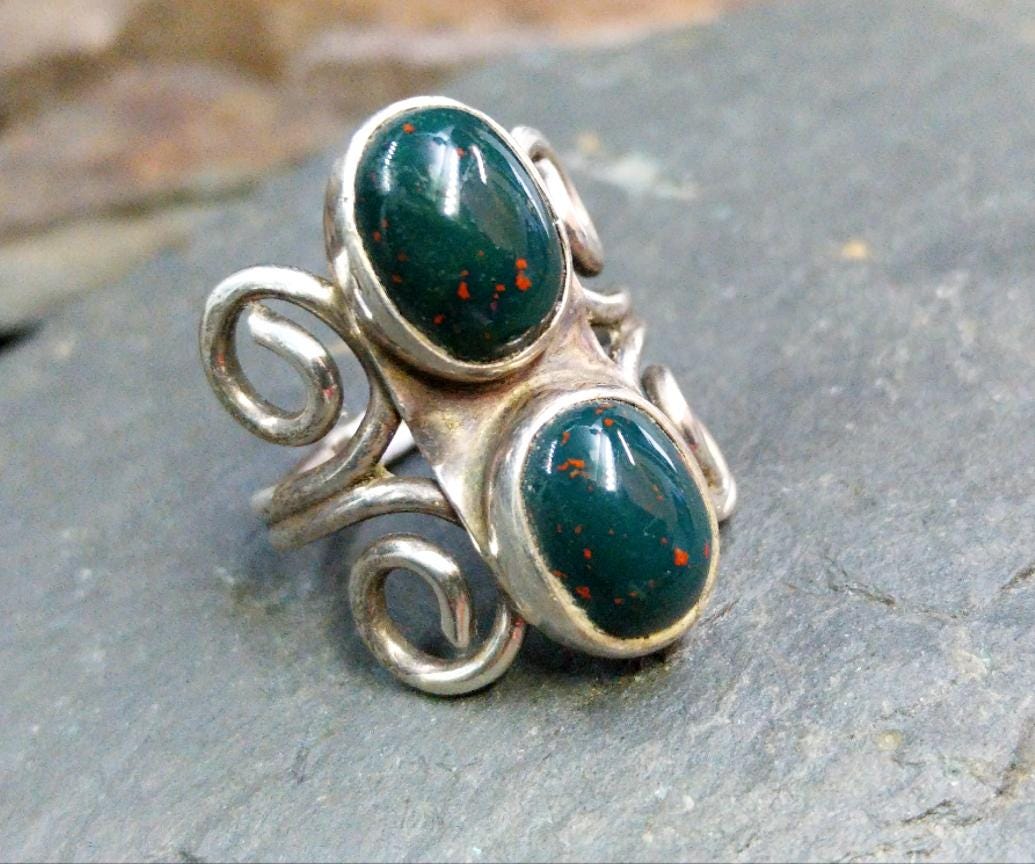 Vintage SILVER Double Bloodstone Agate RING - uk size L (us 5.5) - 5.3g