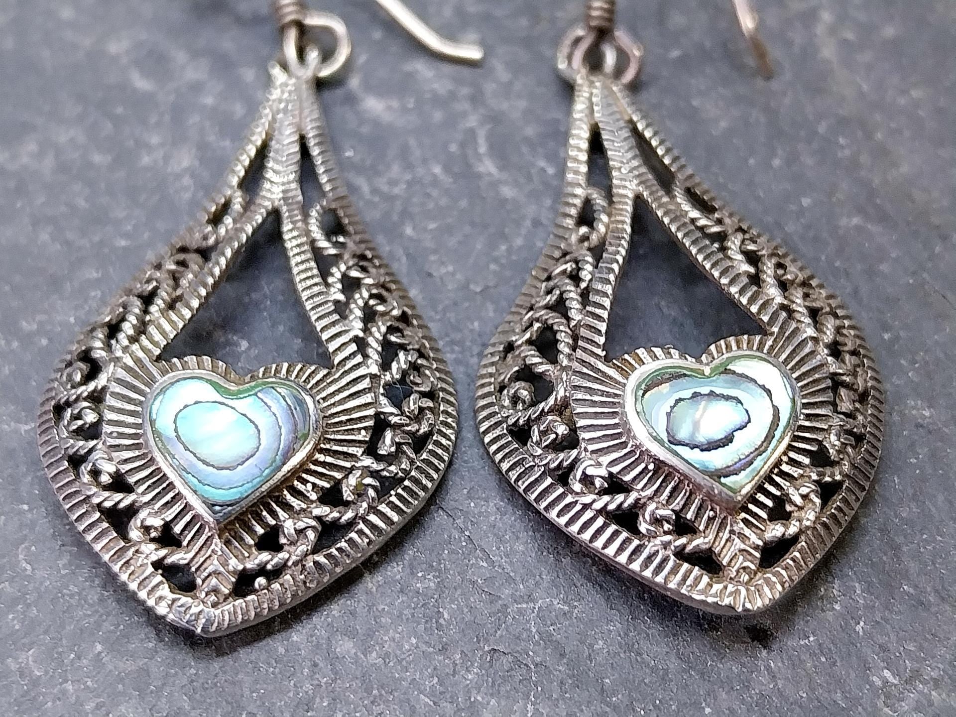 Vintage Sterling Silver Drop Earrings - with Paua Shell - 4.9g