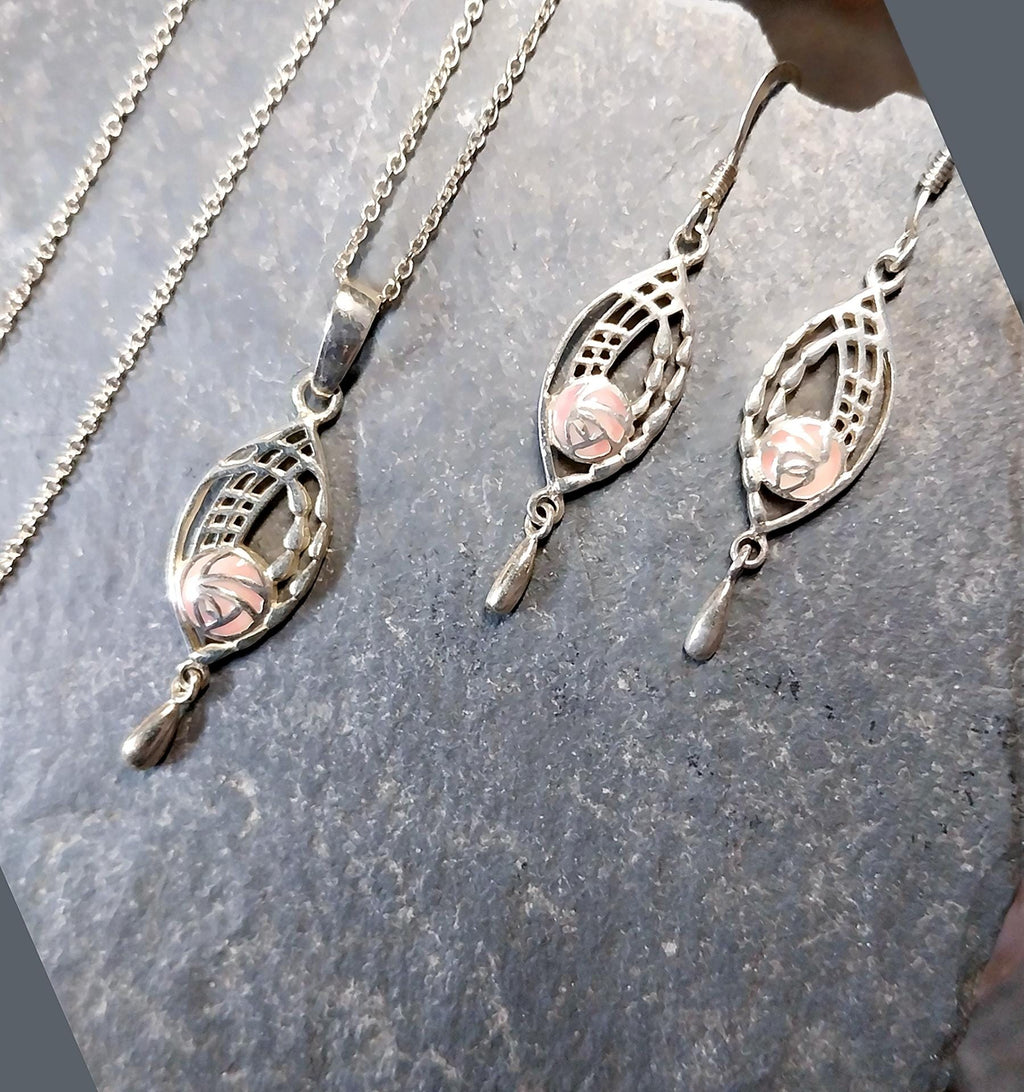 Sterling Silver Celtic Rose Necklace and Matching Earrings Gift Set - 6.8g