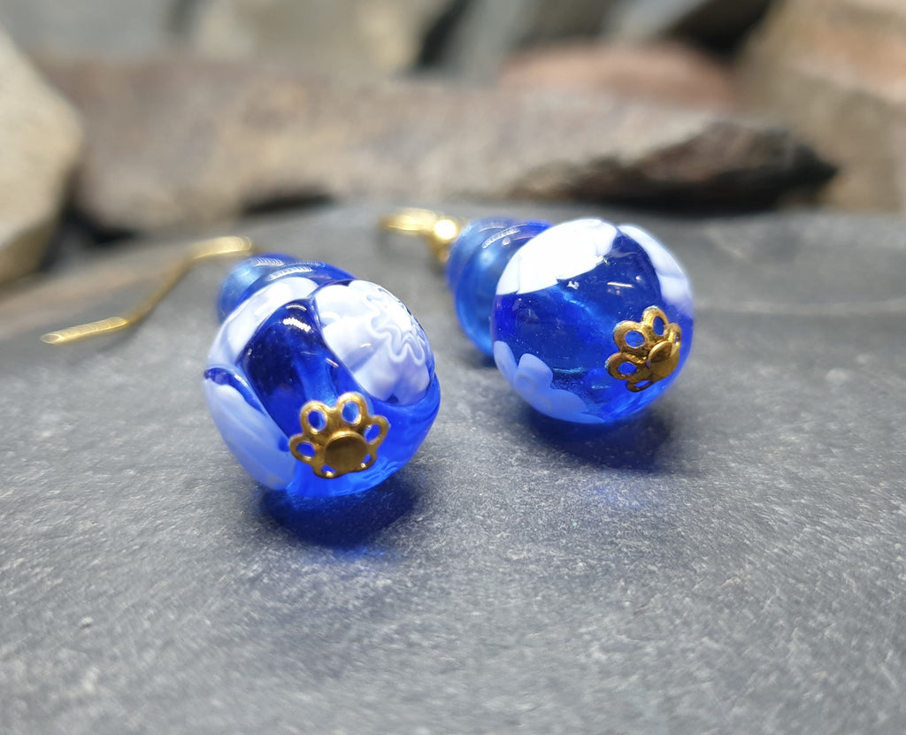 Vintage Murano Style Blue Bead EARRINGS - Long Dangling  - 8.5g