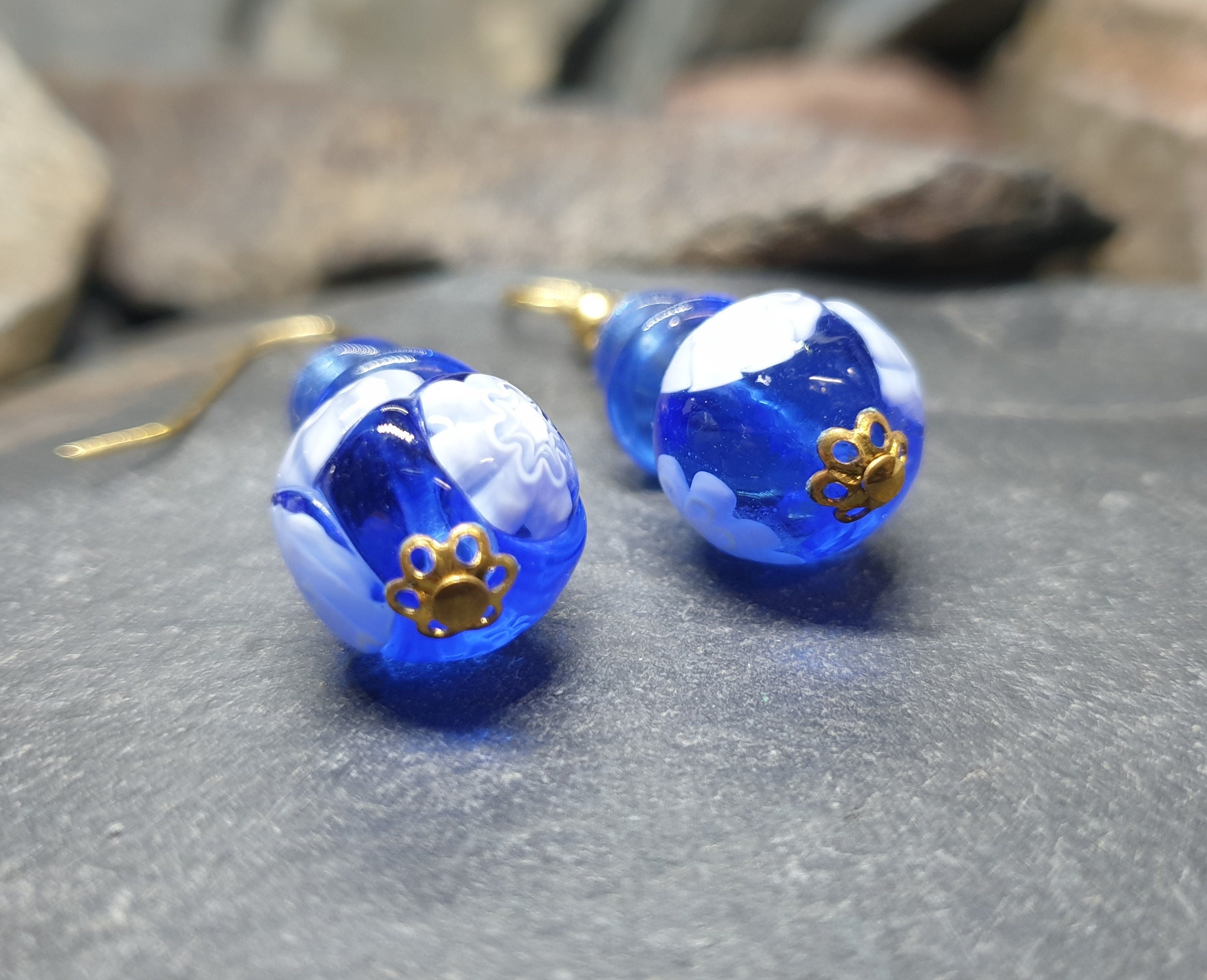 Vintage Murano Style Blue Bead EARRINGS - Long Dangling  - 8.5g