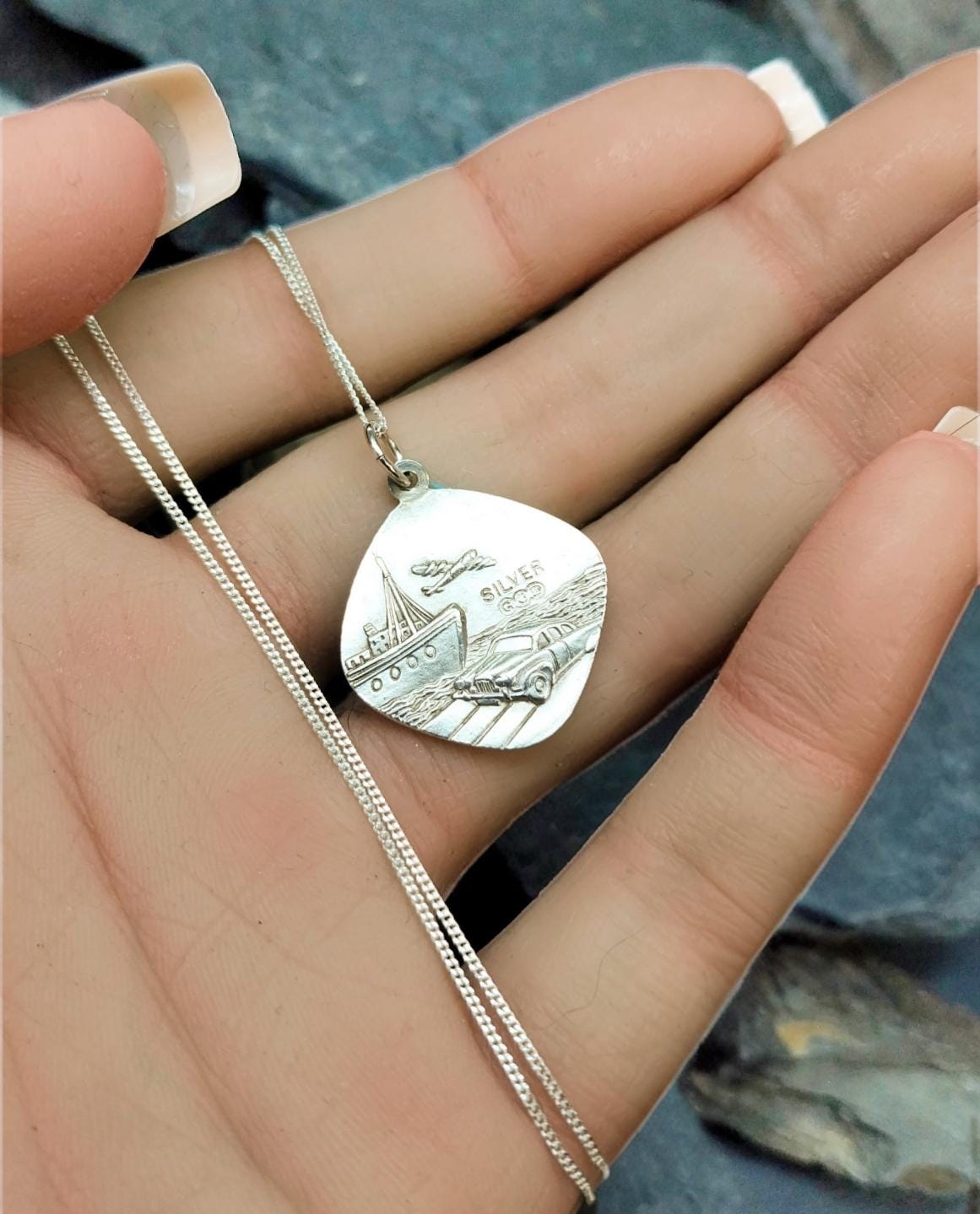 Georg Jensen St CHRISTOPHER pendant Necklace, Double Sided with Boat on 22" Chain - 5.7g