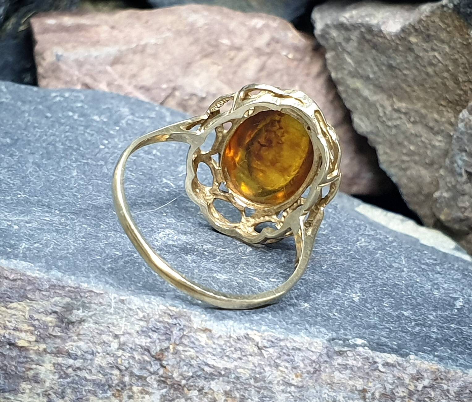 Vintage 9ct GOLD FIRE AMBER Ring - Size uk Q (us 8) - 2.5g