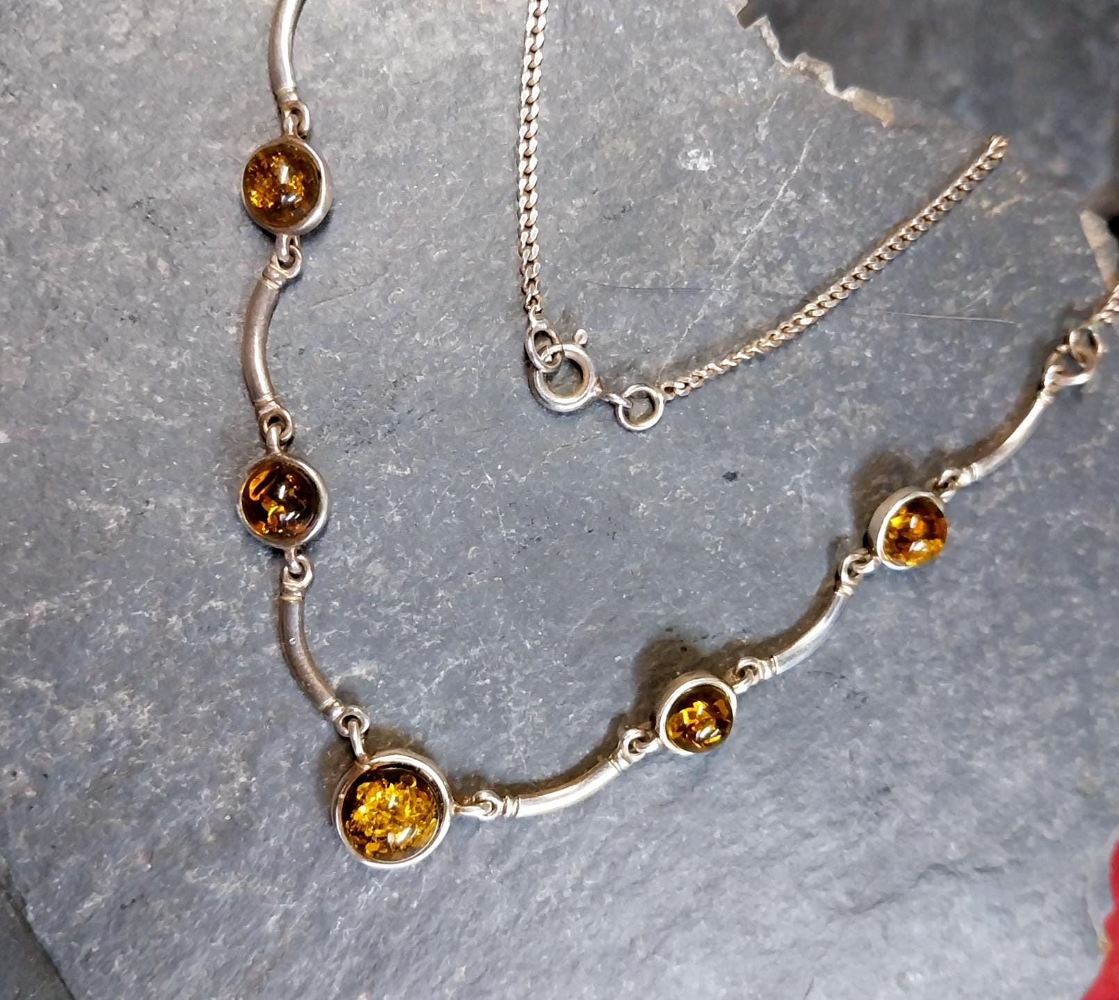 Vintage Sterling Silver Amber Chain Necklace 17" Length - 7g