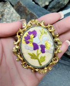 Victorian Large LOCKET BROOCH Pendant with Embroidered Forget me not Flowers - 24.4g