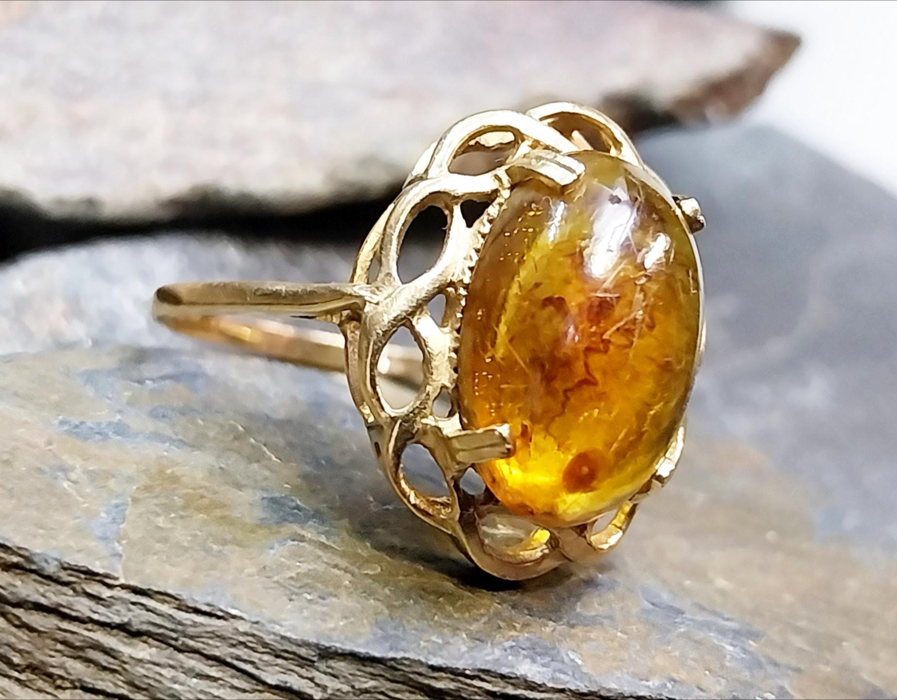 Vintage 9ct GOLD FIRE AMBER Ring - Size uk Q (us 8) - 2.5g
