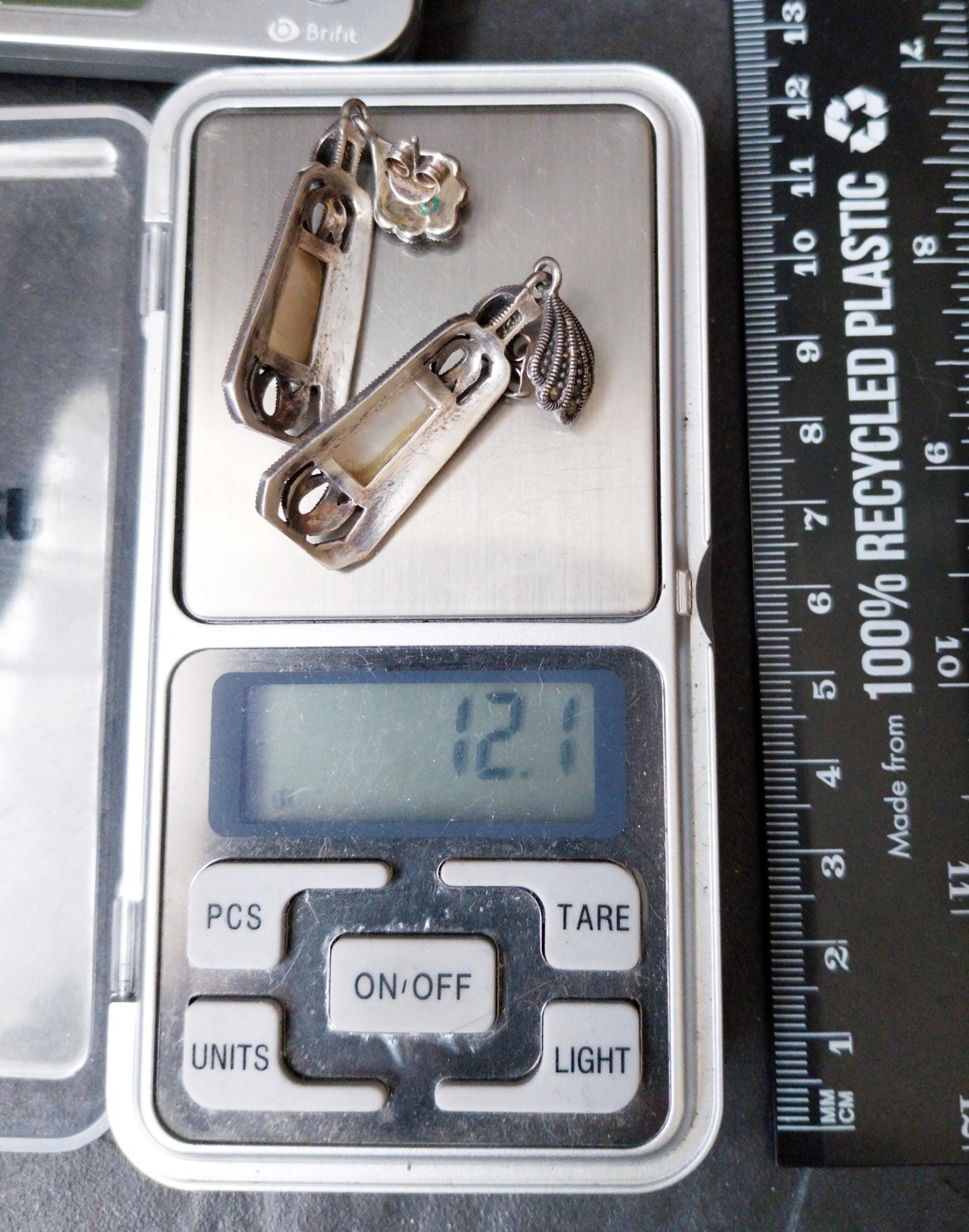Sterling Silver Art Deco EARRINGS MOP & Marcasite - 12.1g