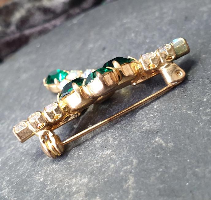 Vintage SHAMROCK Four Leaf Clover Brooch -  with Aurora Borealis & Green Stones