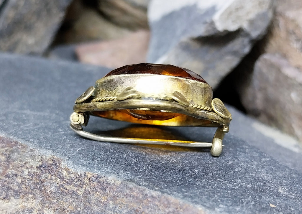 Antique Pinchbeck BROOCH with Brandy Orange Gemstone - 6g