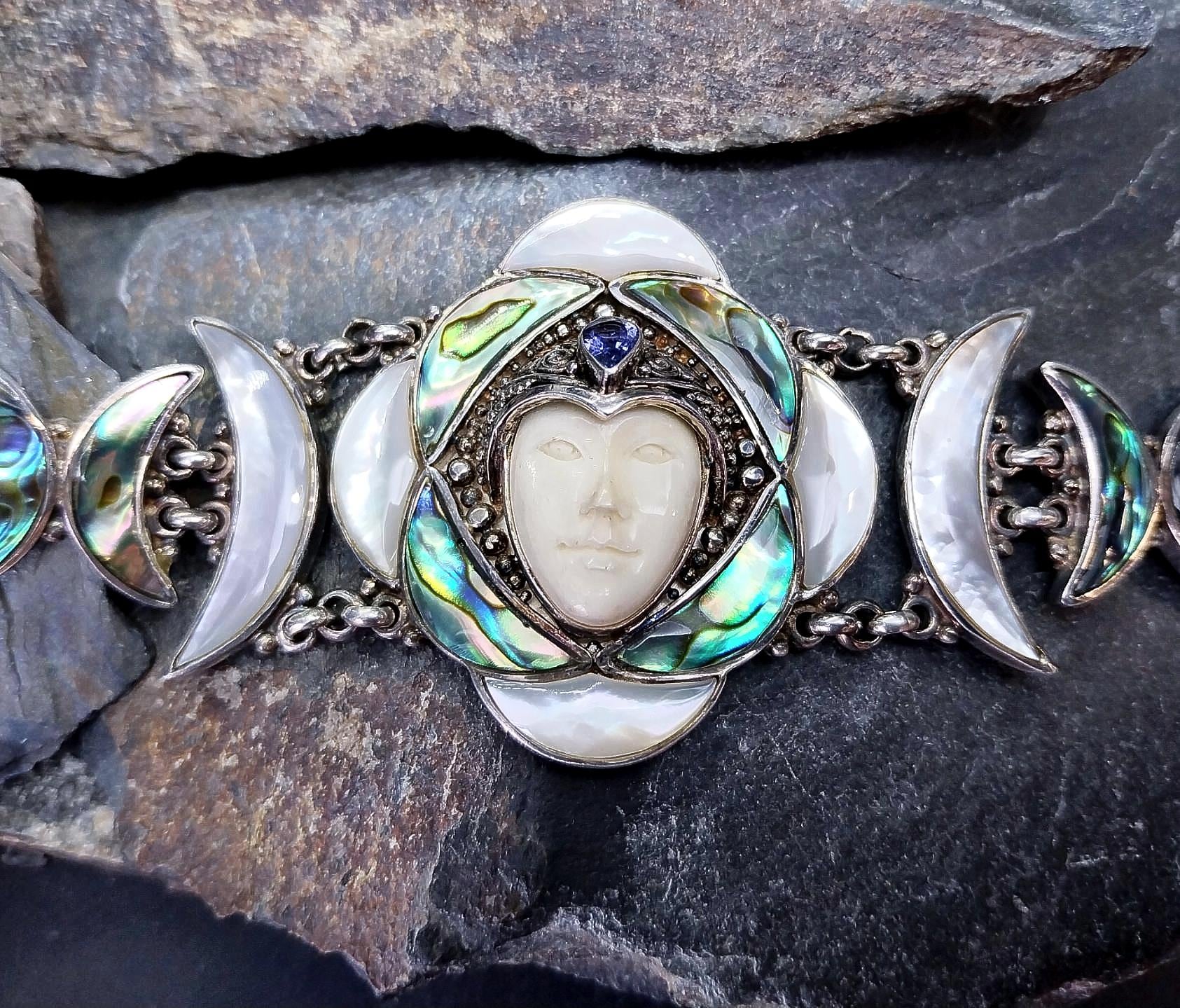 SAJEN Sterling Silver Carved Goddess Face Bracelet - adjustable - 49.6g
