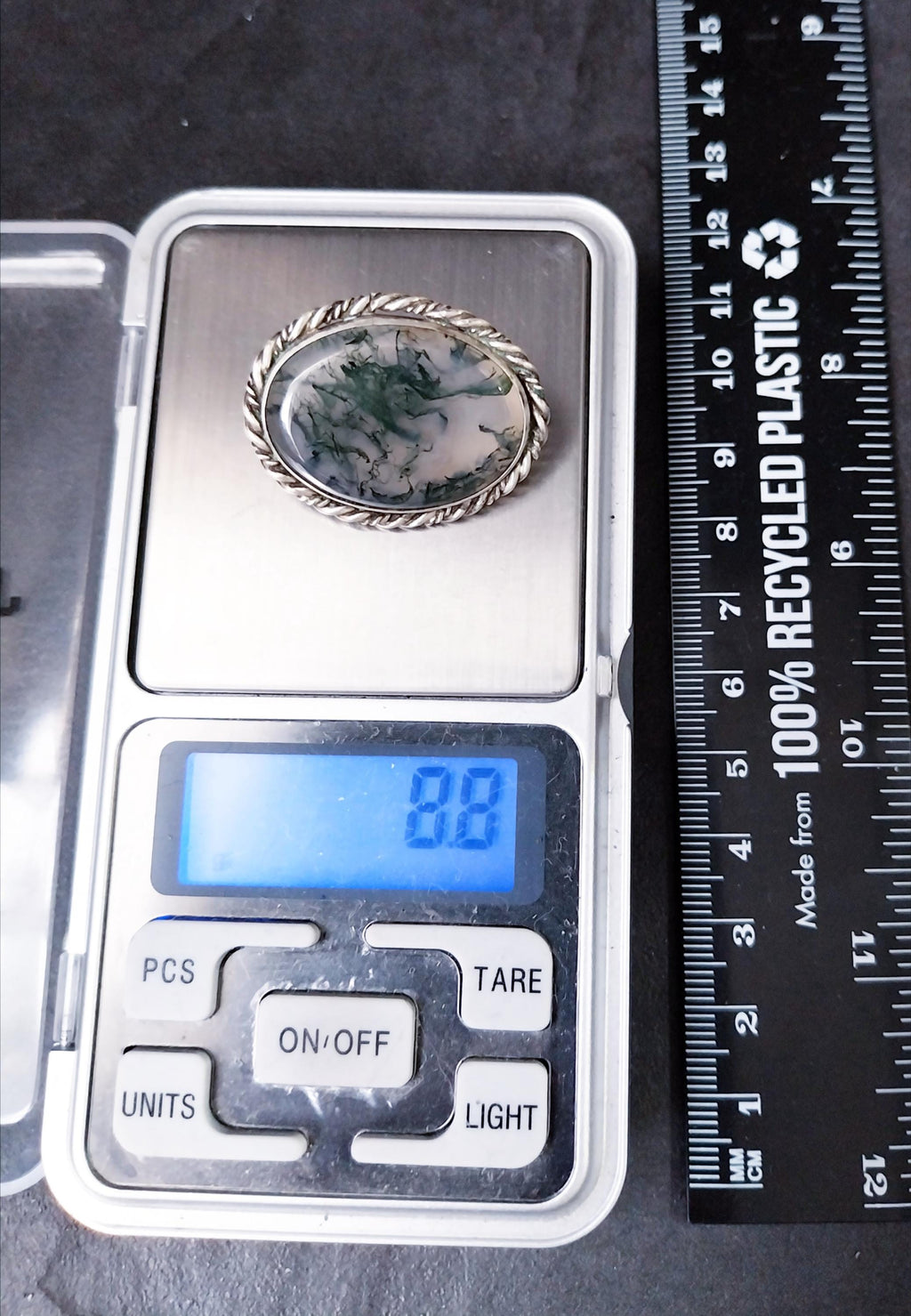 Vintage Silver Natural Green Moss Agate Brooch - 8.8g