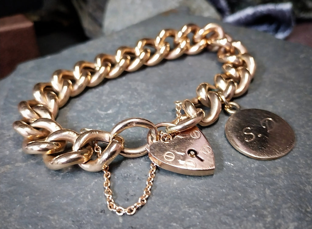 Antique Vintage Solid 9ct Rose GOLD LINK Bracelet & Heart Padlock Clasp - 20.1g