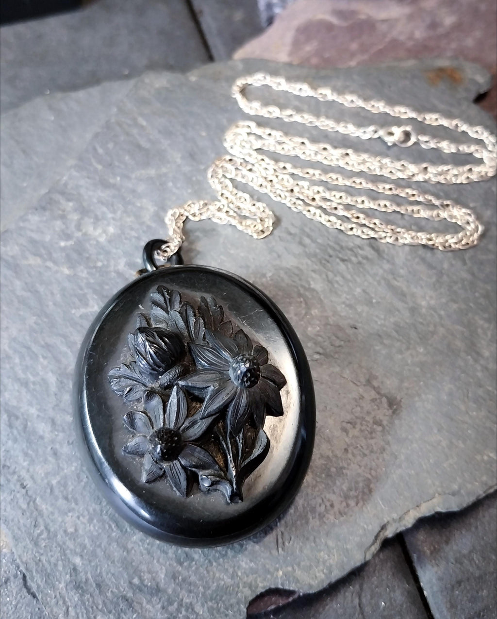 VICTORIAN Bog Oak LOCKET with Sunflowers on 24" Chain Necklace - 28.9g