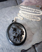 VICTORIAN Bog Oak LOCKET with Sunflowers on 24" Chain Necklace - 28.9g