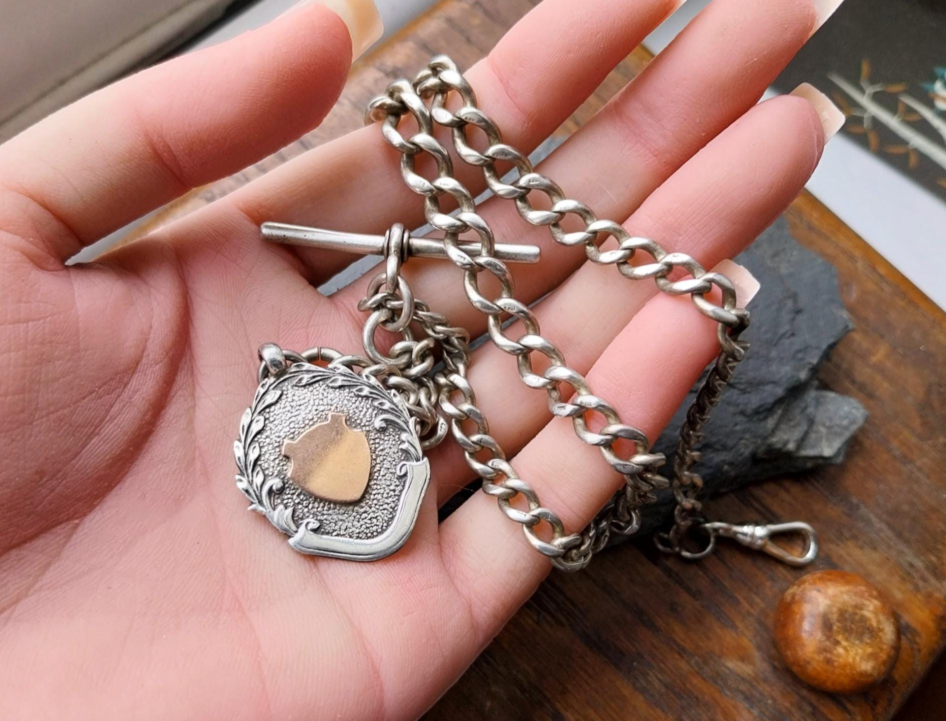 Antique Sterling Silver Albert Watch Chain with T-Bar, Medal Fob and DogClip - 16" - 35.9g