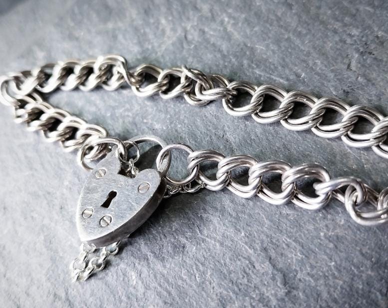 Vintage SILVER Double LINK BRACELET with Padlock Lock Clasp c 1980 - 17cm - 13.7g