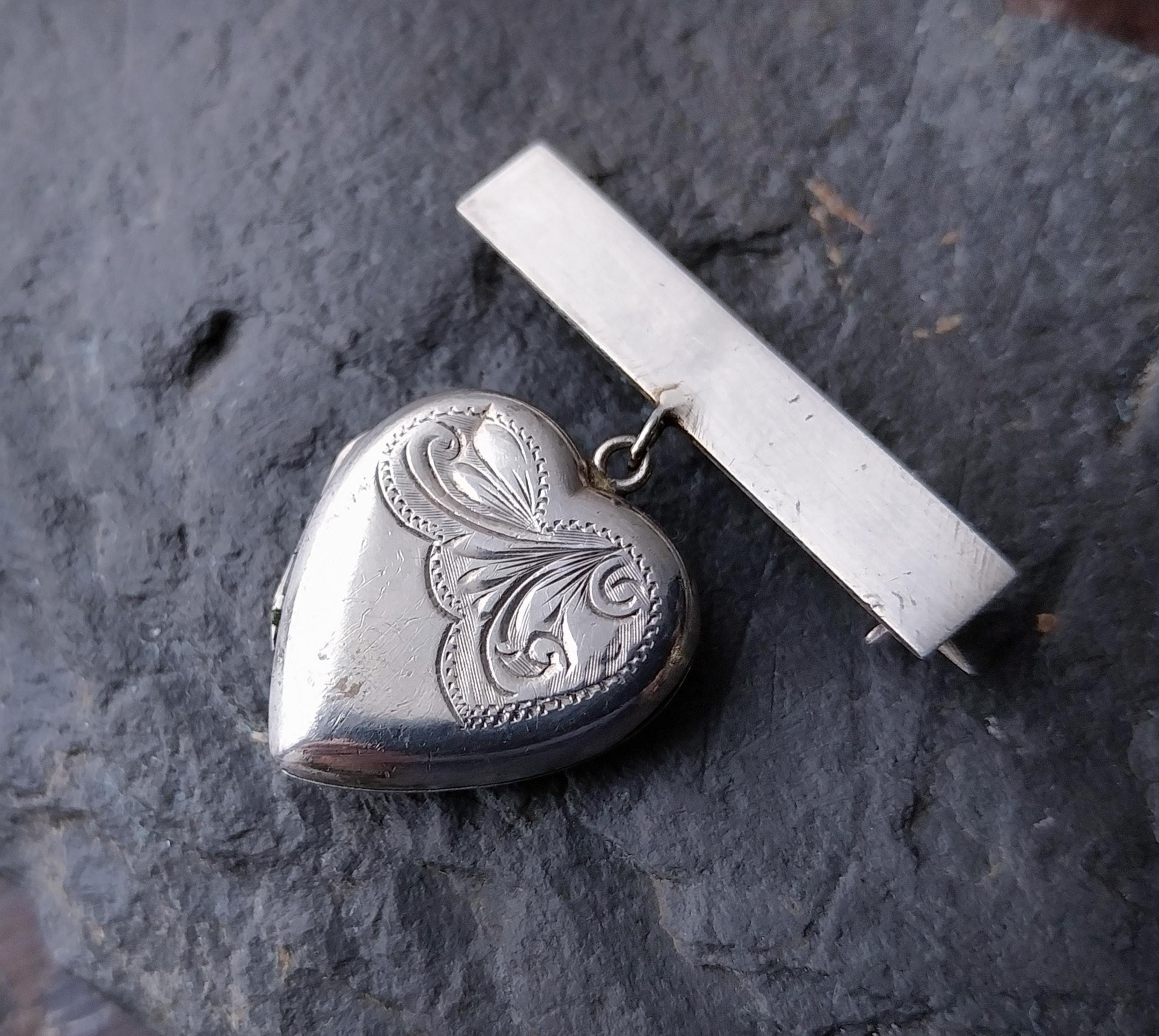 Antique Locket Brooch, Sweetheart Pin, Sterling Silver - 7g