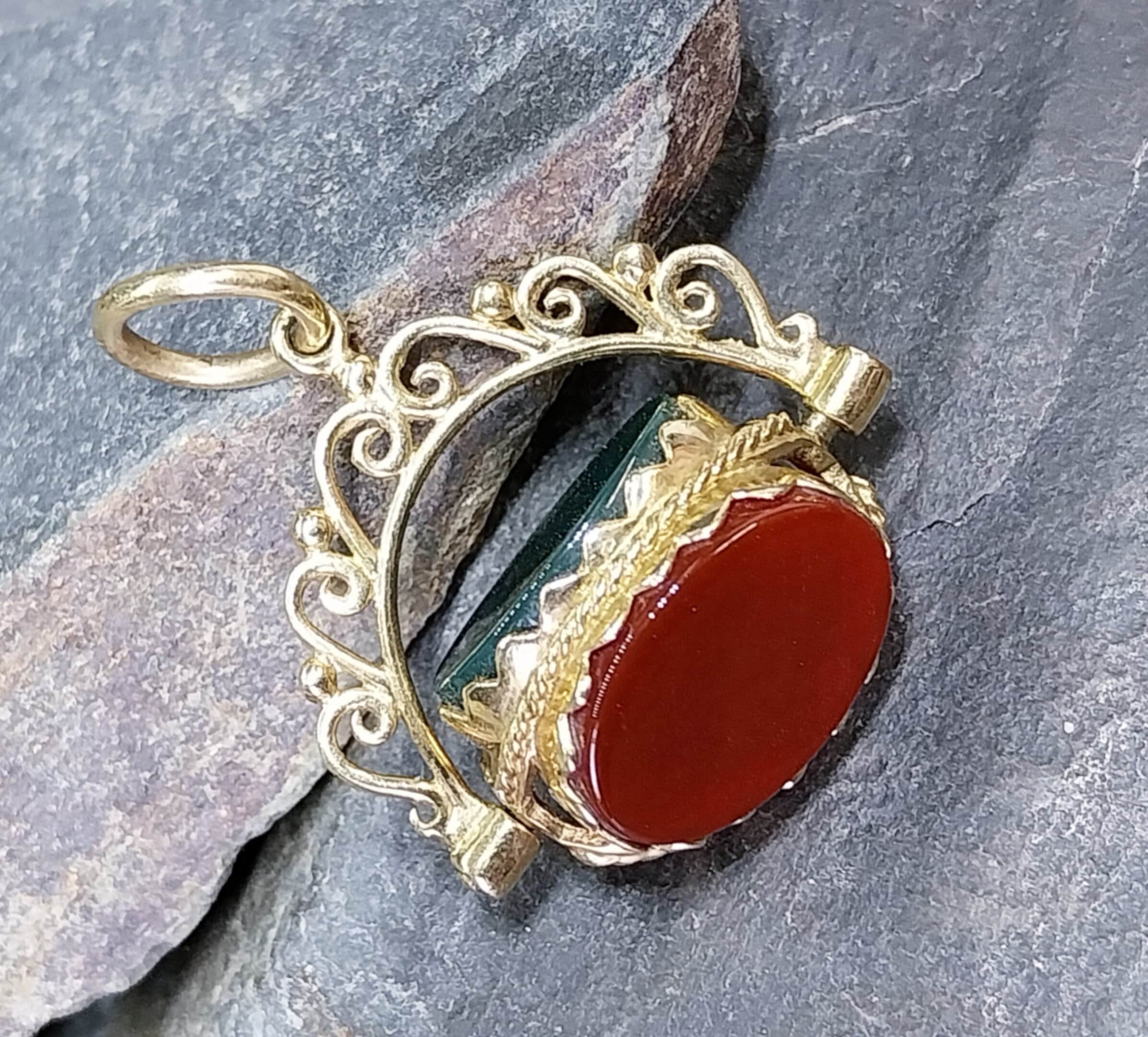 9ct GOLD Triple Spinner Watch Fob Pendant - Bloodstone, Onyx & Carnelian - 5.6g