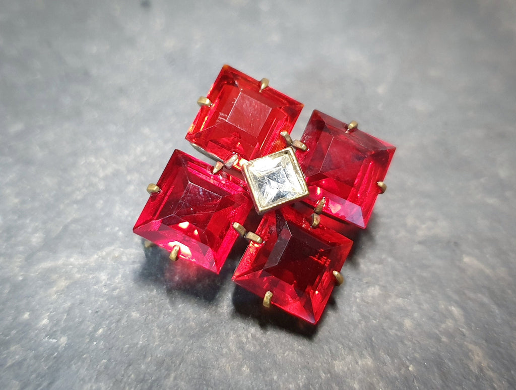 Antique Art Deco Czech BROOCH -Bright Red Coloured Glass  - 3.8g