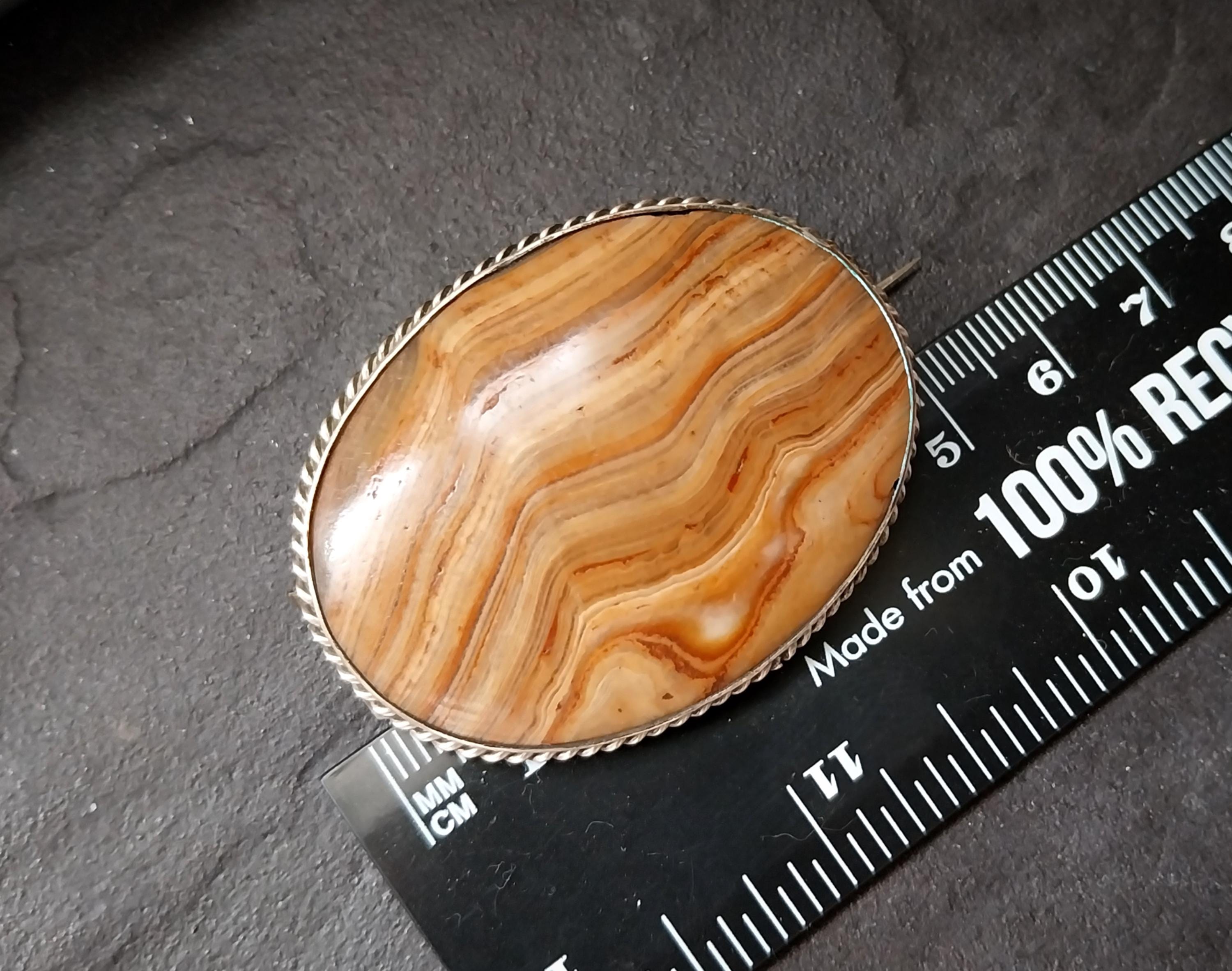Antique Silver Banded JASPER Landscape Agate Brooch - Victorian - 18.4g