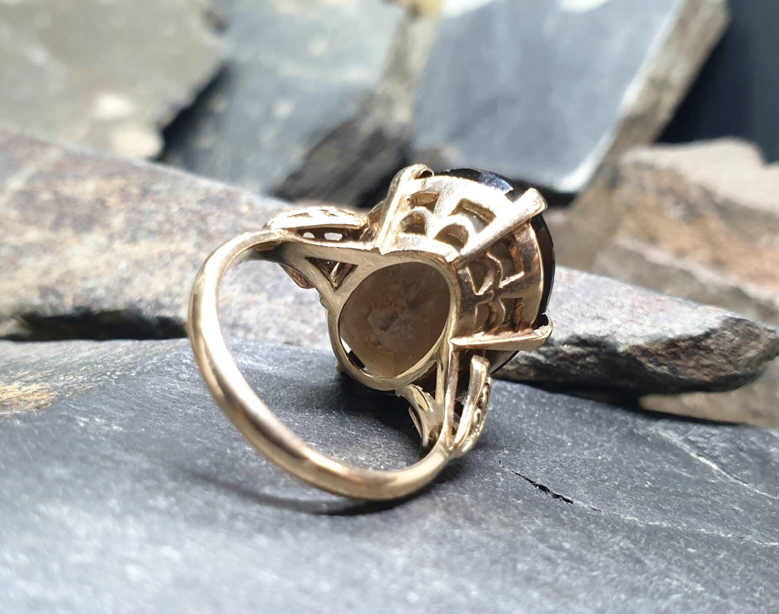 Huge Antique 9ct GOLD Smoky Quartz Ring - Size uk L (us 5.75) - 7.2g