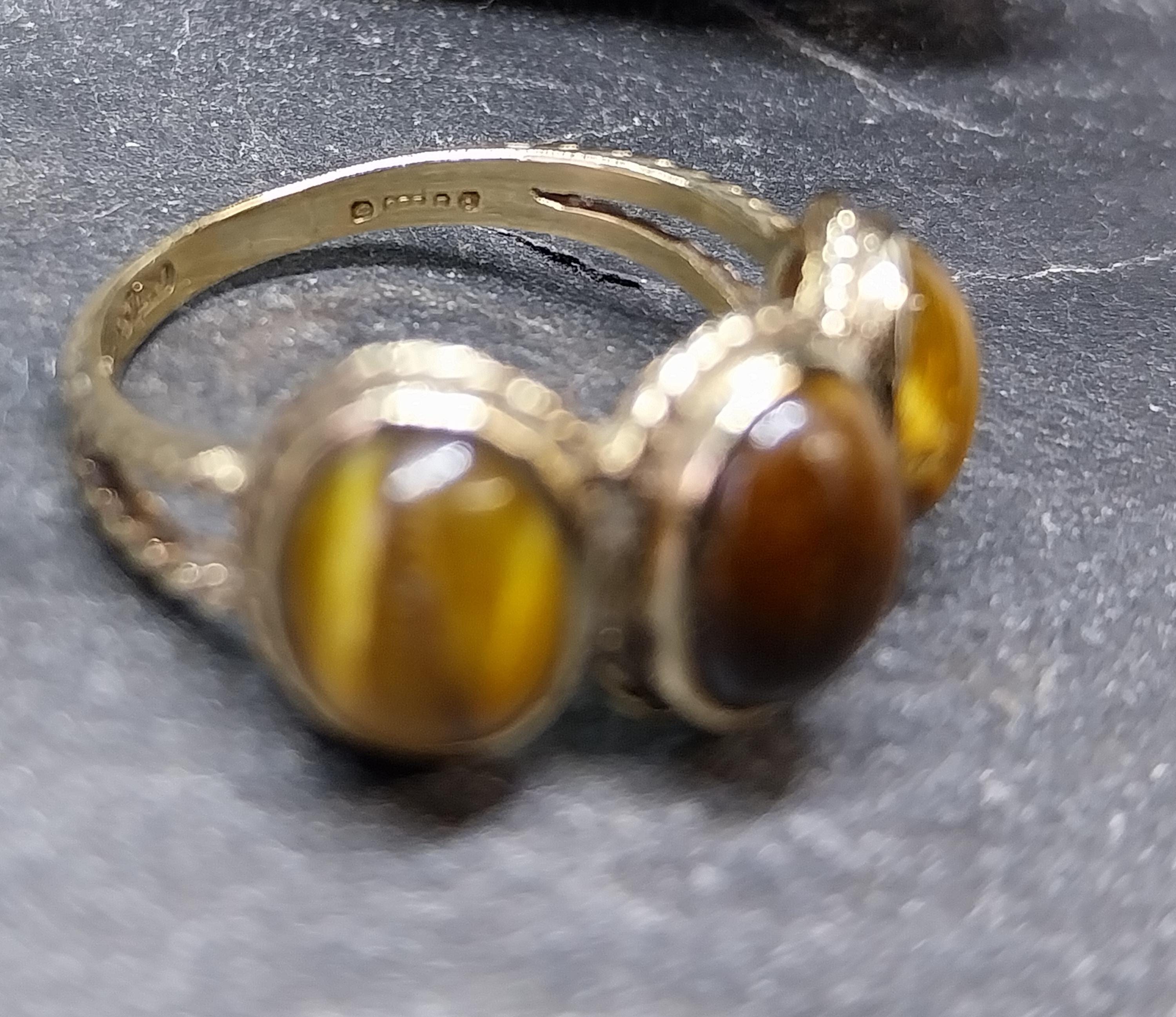 Vintage 9ct GOLD Triple Tigers Eye Ring - Size uk O (us 7) - 3.1g