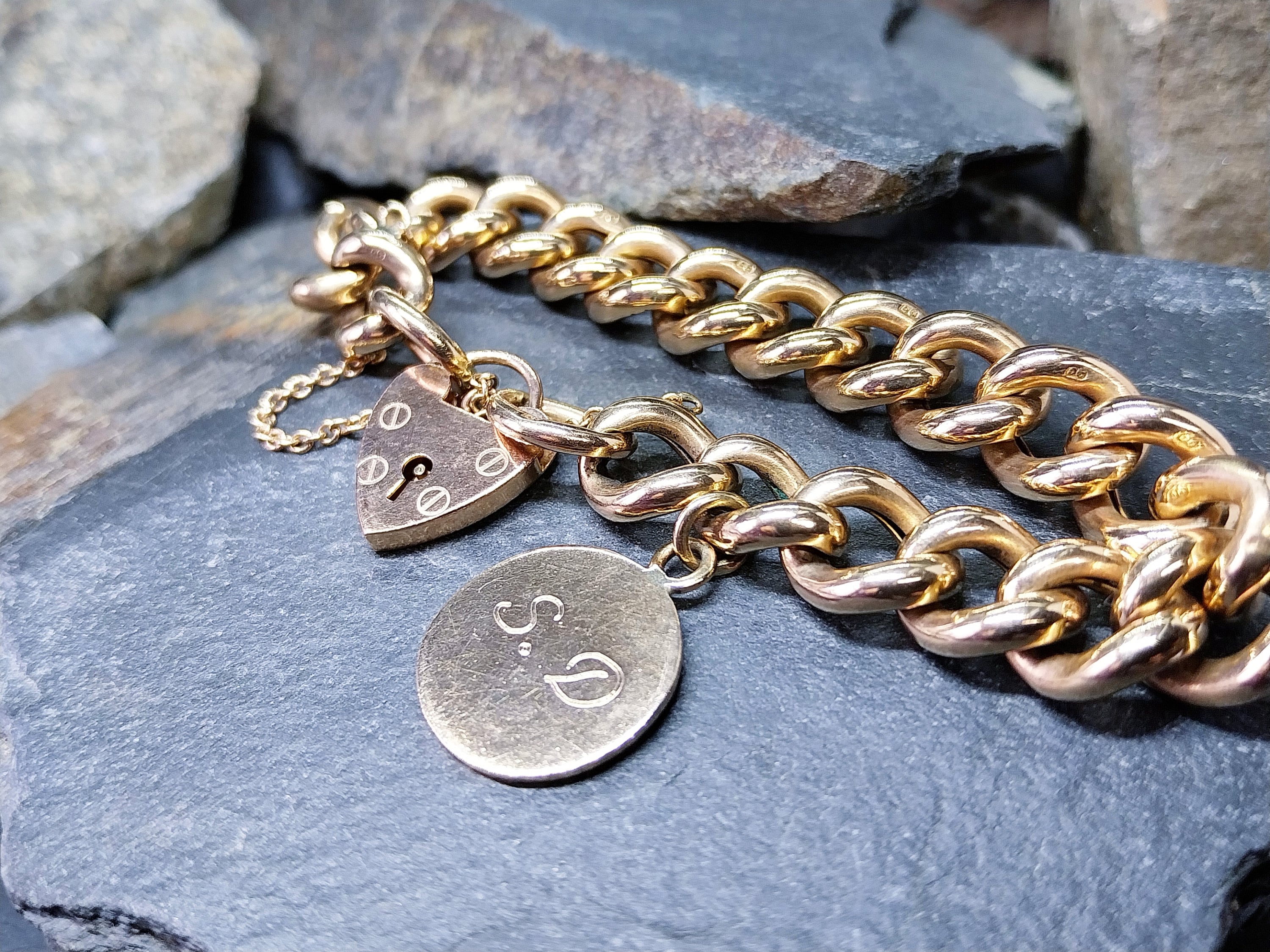 Antique Vintage Solid 9ct Rose GOLD LINK Bracelet & Heart Padlock Clasp - 20.1g